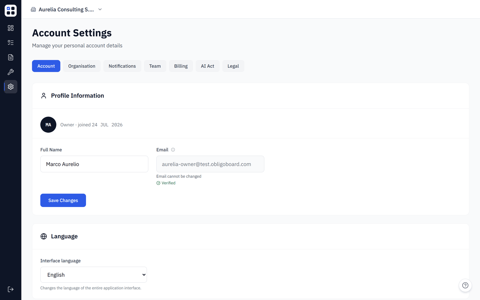 ObligoBoard Settings hub showing the Account, Organisation, Team, Notifications, Billing, AI Act and Legal tabs
