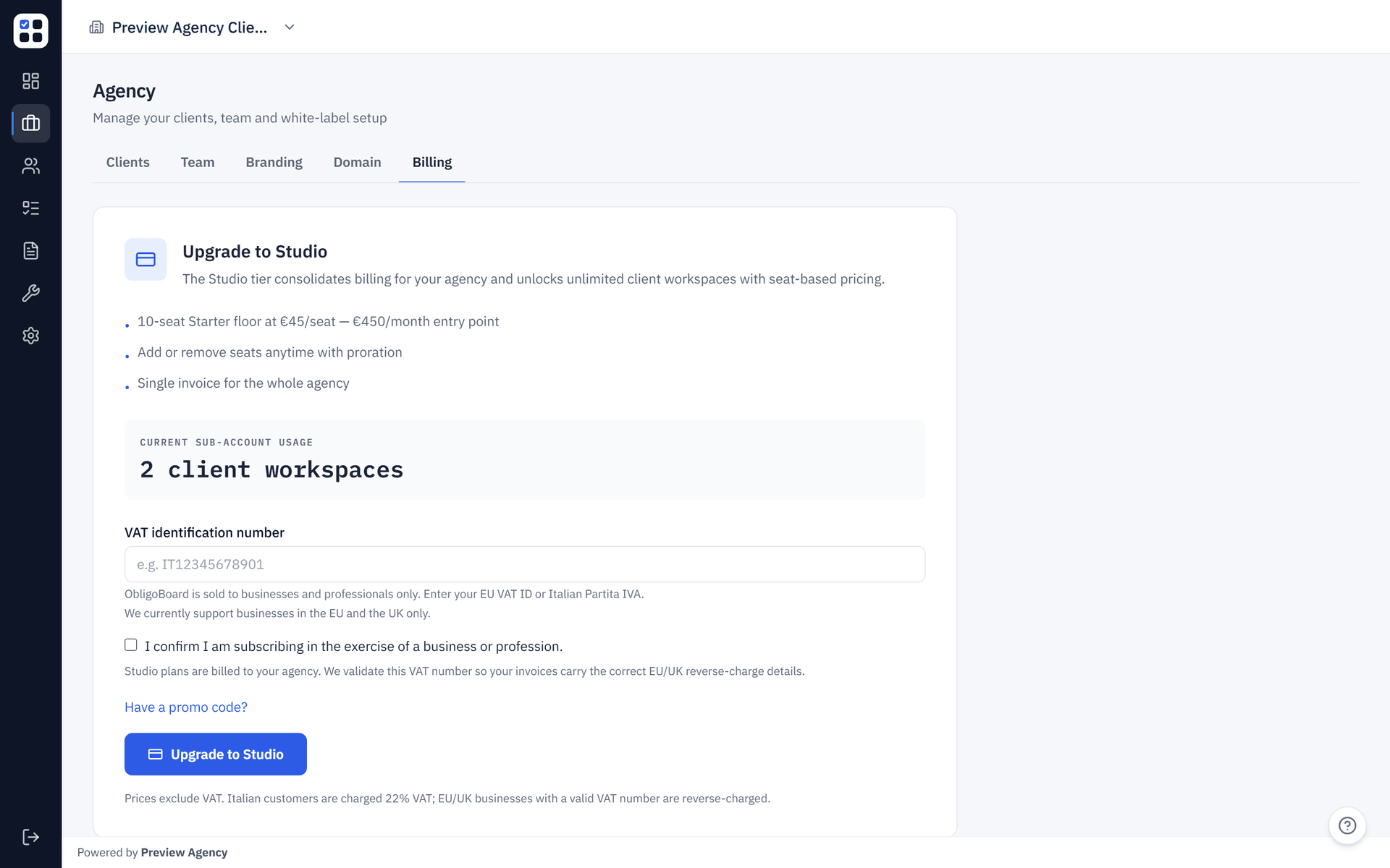 ObligoBoard Agency billing page showing the Upgrade to Studio plan, seat-based bracket pricing and current sub-account usage