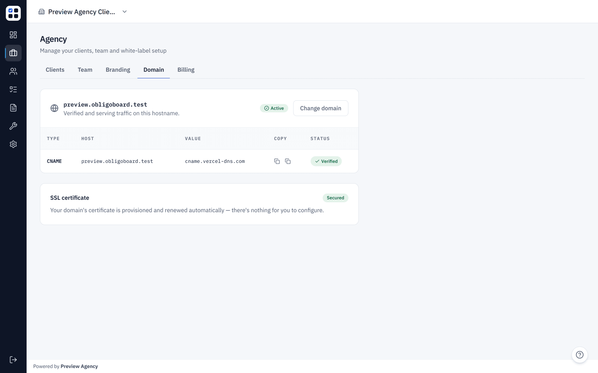ObligoBoard Agency custom-domain settings showing a verified CNAME record and an automatically-provisioned SSL certificate for a white-label client hostname