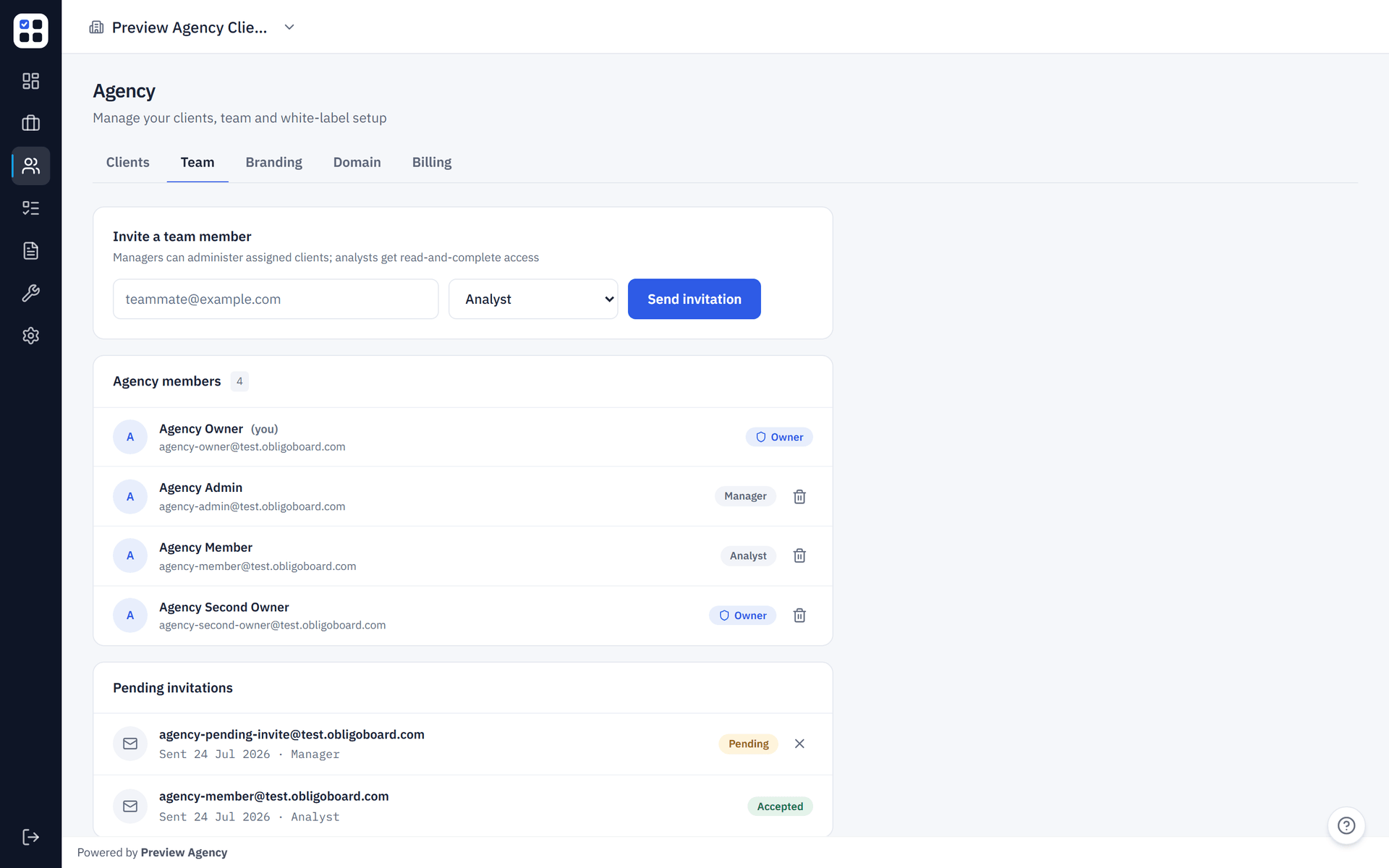 ObligoBoard Agency dashboard where agency owners provision and manage client sub-accounts
