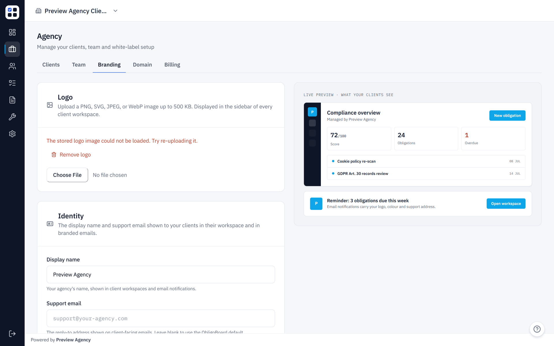ObligoBoard Agency white-label branding settings with logo and identity controls and a live preview of what clients see