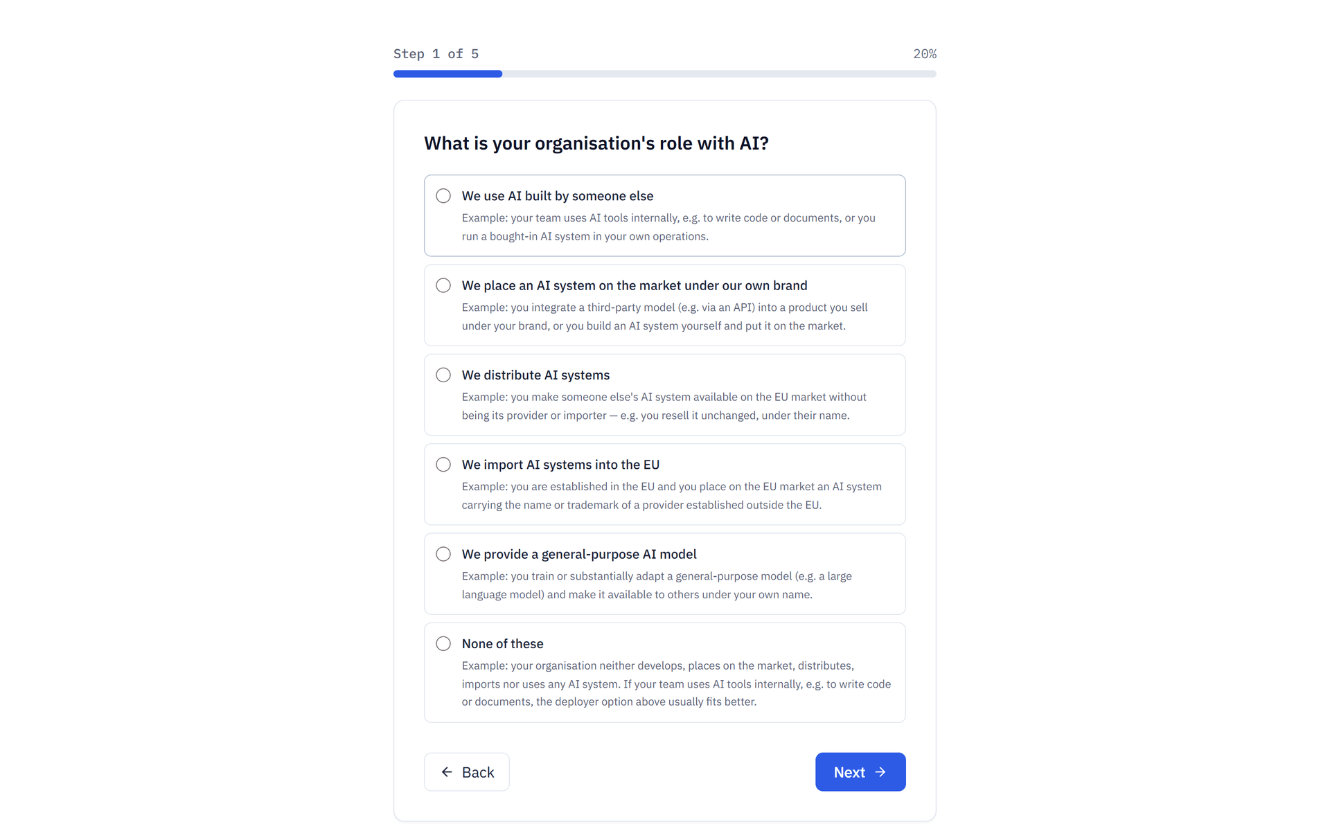 ObligoBoard EU AI Act classification wizard intake screen that assigns your AI Act risk tier