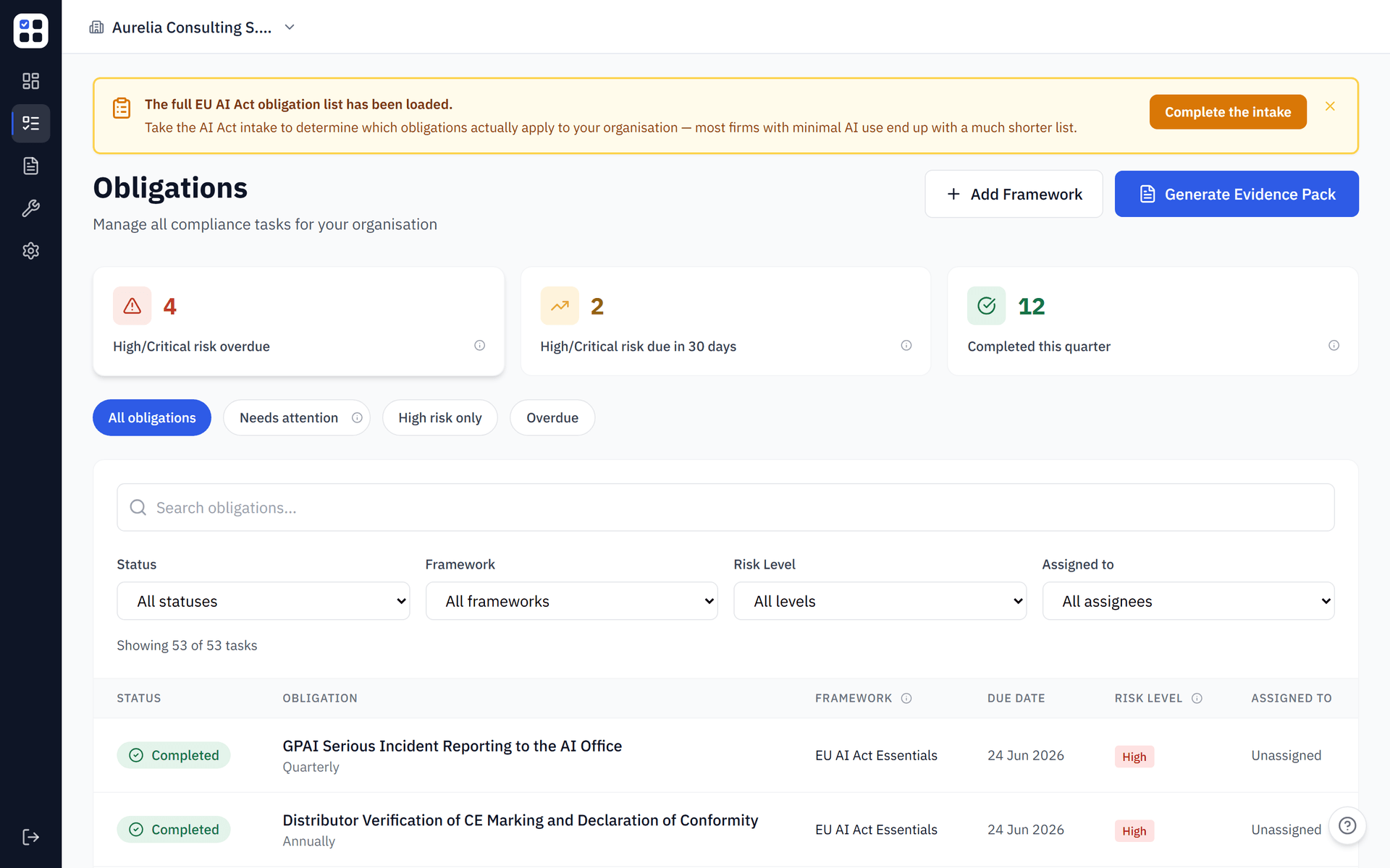 ObligoBoard Obligations page — the home of the AI Act deadline banners, shown here before a classification tier is set