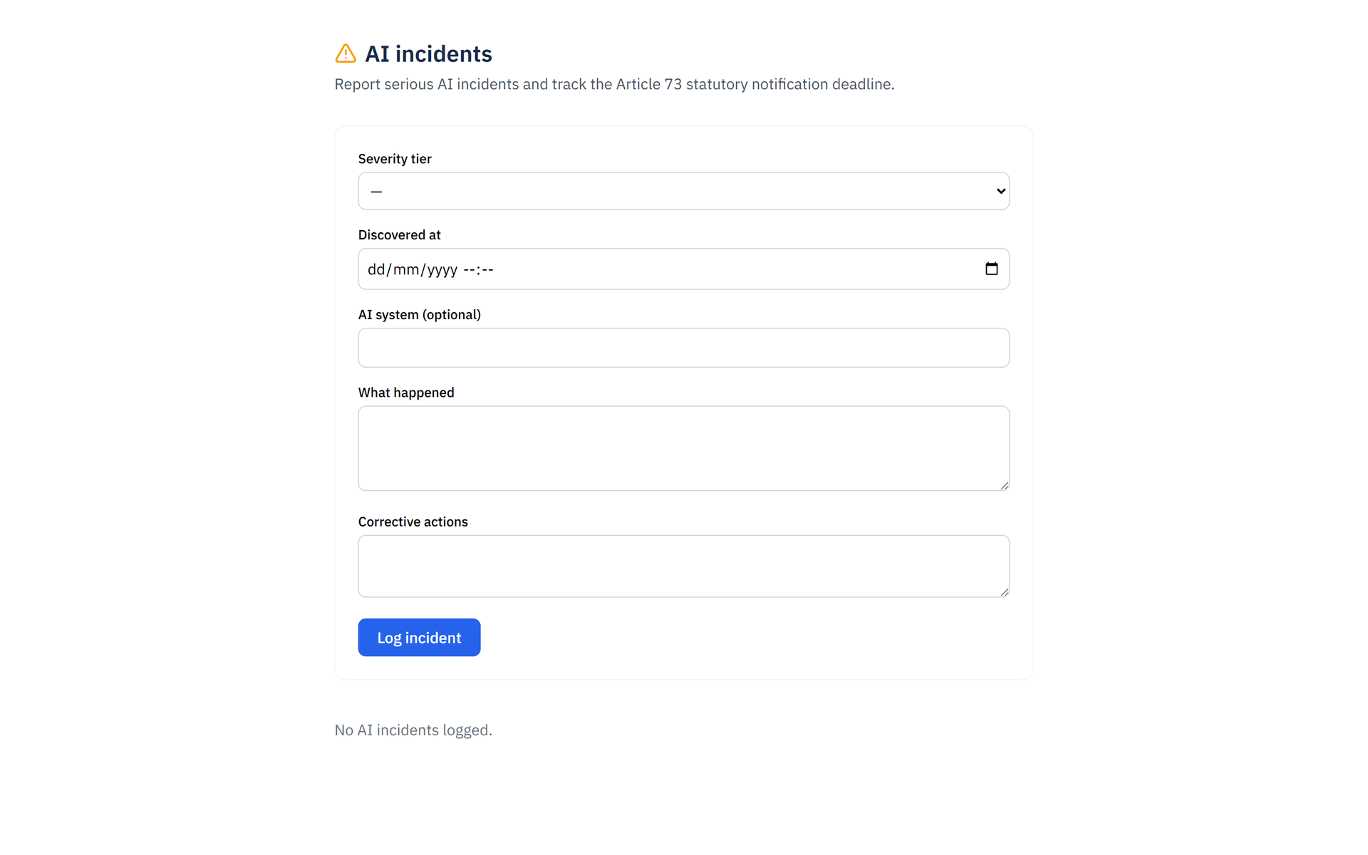 ObligoBoard AI Incident register for logging EU AI Act Article 73 serious incidents with severity tiers and a notification deadline