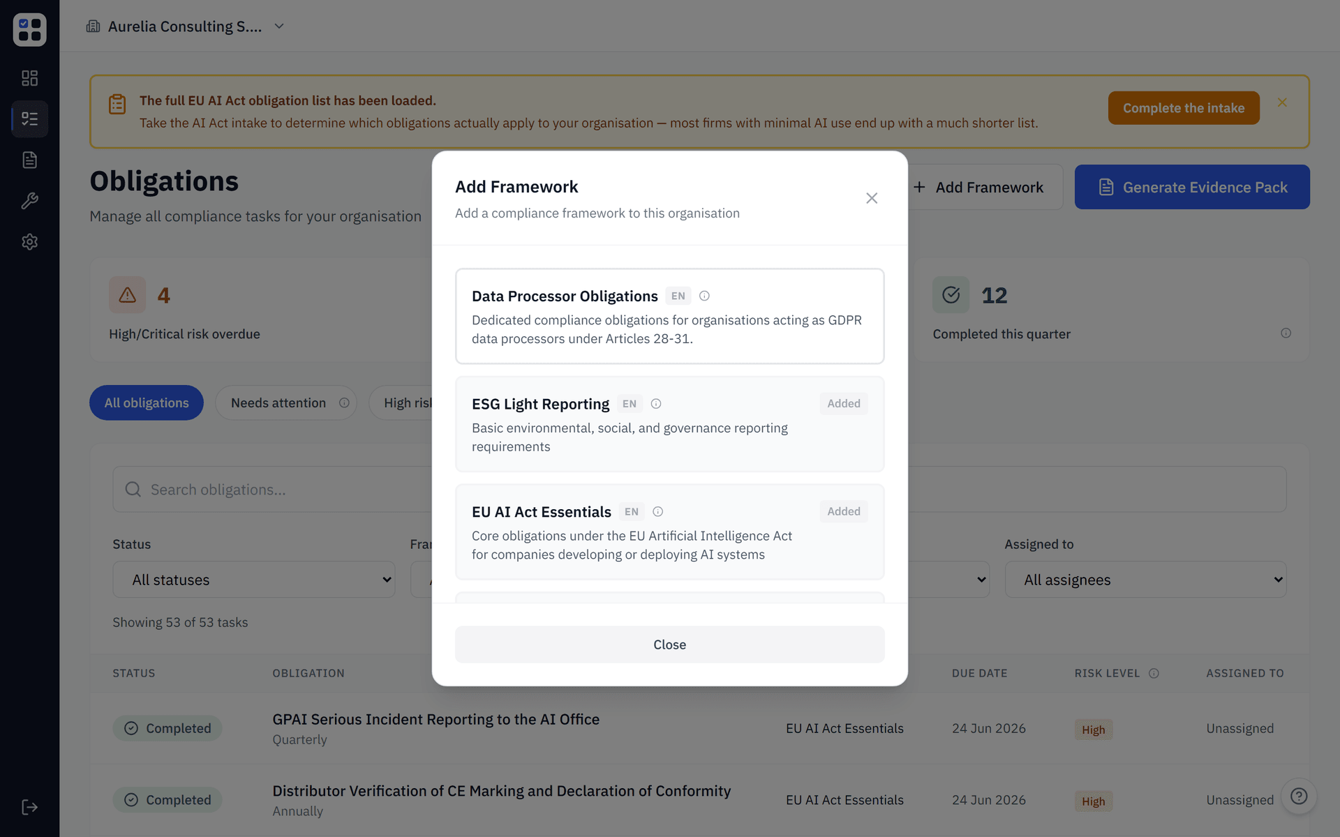 ObligoBoard Add Framework dialog listing available compliance frameworks such as Data Processor Obligations and EU AI Act Essentials