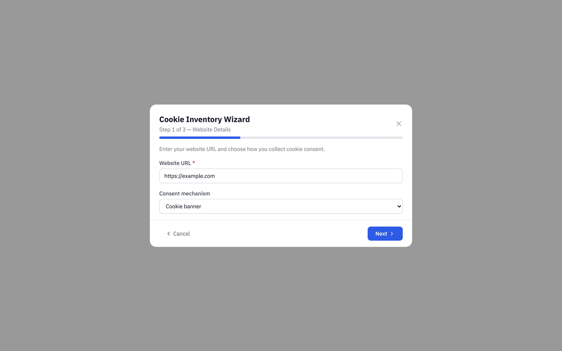 ObligoBoard Cookie Inventory Wizard step one, collecting the website URL and consent mechanism to build a cookie policy