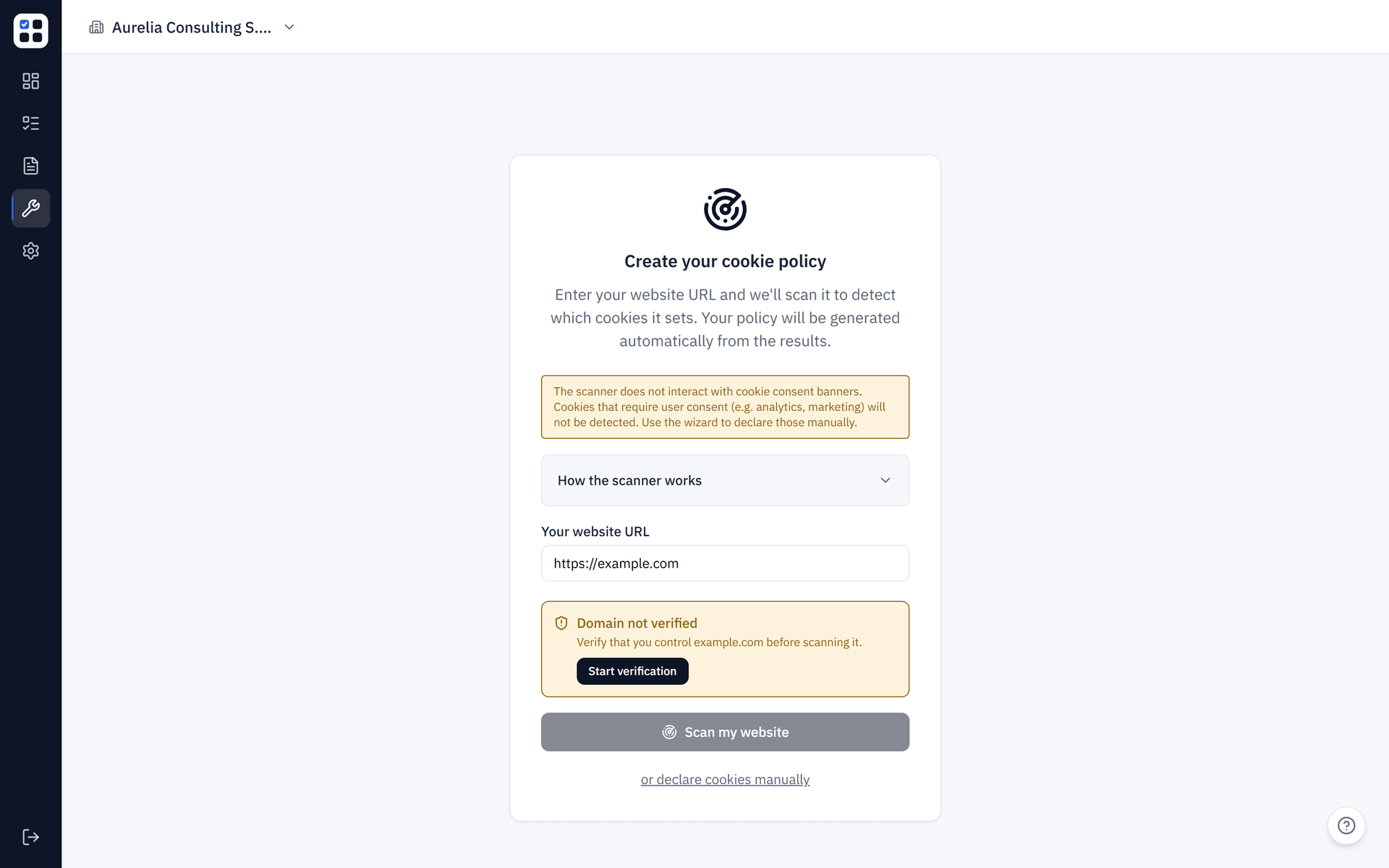 ObligoBoard cookie scanner screen where you enter a website URL to detect the cookies it sets