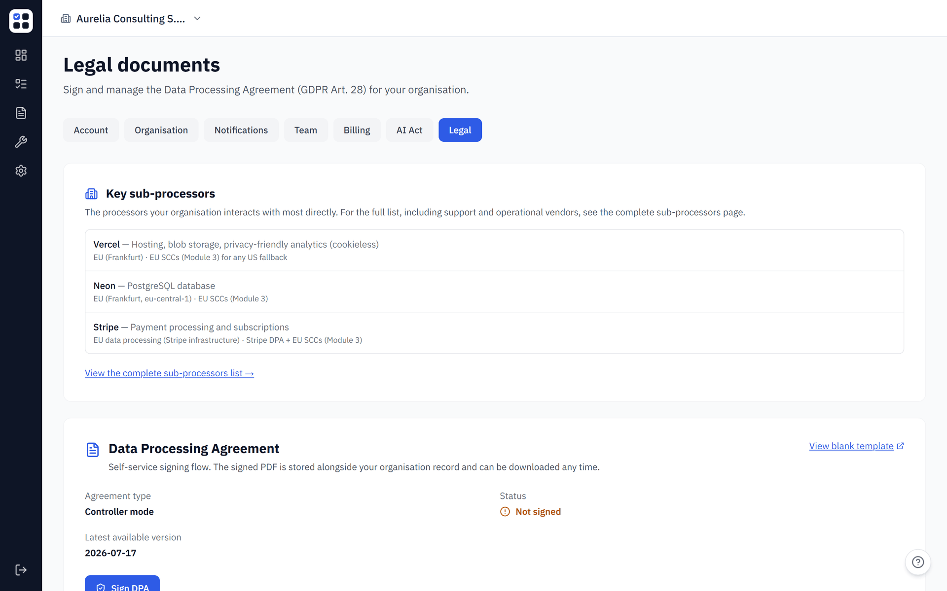 ObligoBoard Settings Legal tab where organisations self-sign the GDPR Article 28 Data Processing Agreement