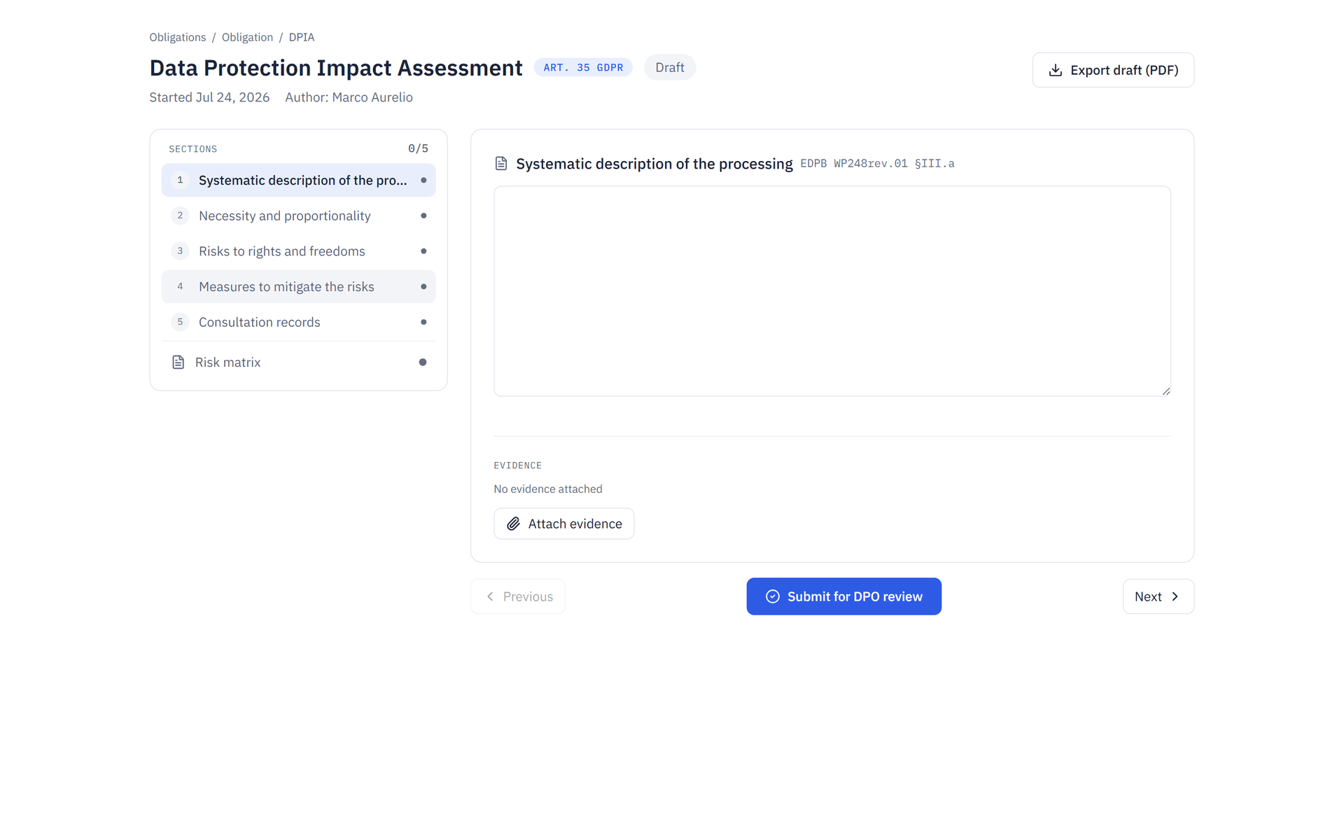 ObligoBoard DPIA editor following the EDPB WP248rev.01 template with five sections, per-section evidence and submit-for-DPO-review