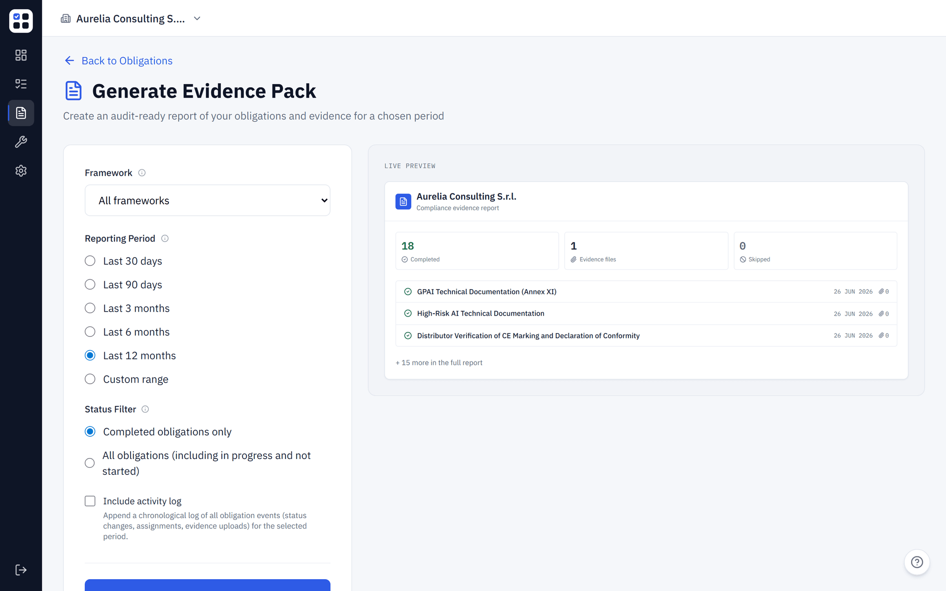 ObligoBoard Evidence Pack generator with framework, reporting-period and status filters beside a live preview of the compiled report