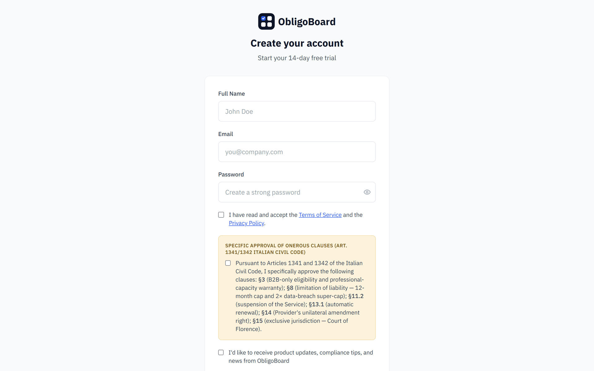 ObligoBoard sign-up screen to create an account and start the 14-day free trial
