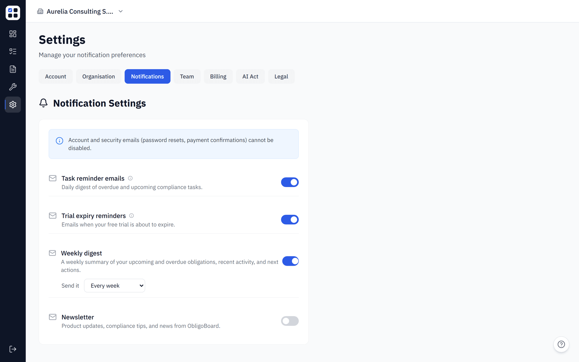 ObligoBoard Notifications settings where you choose which automated compliance email reminders you receive