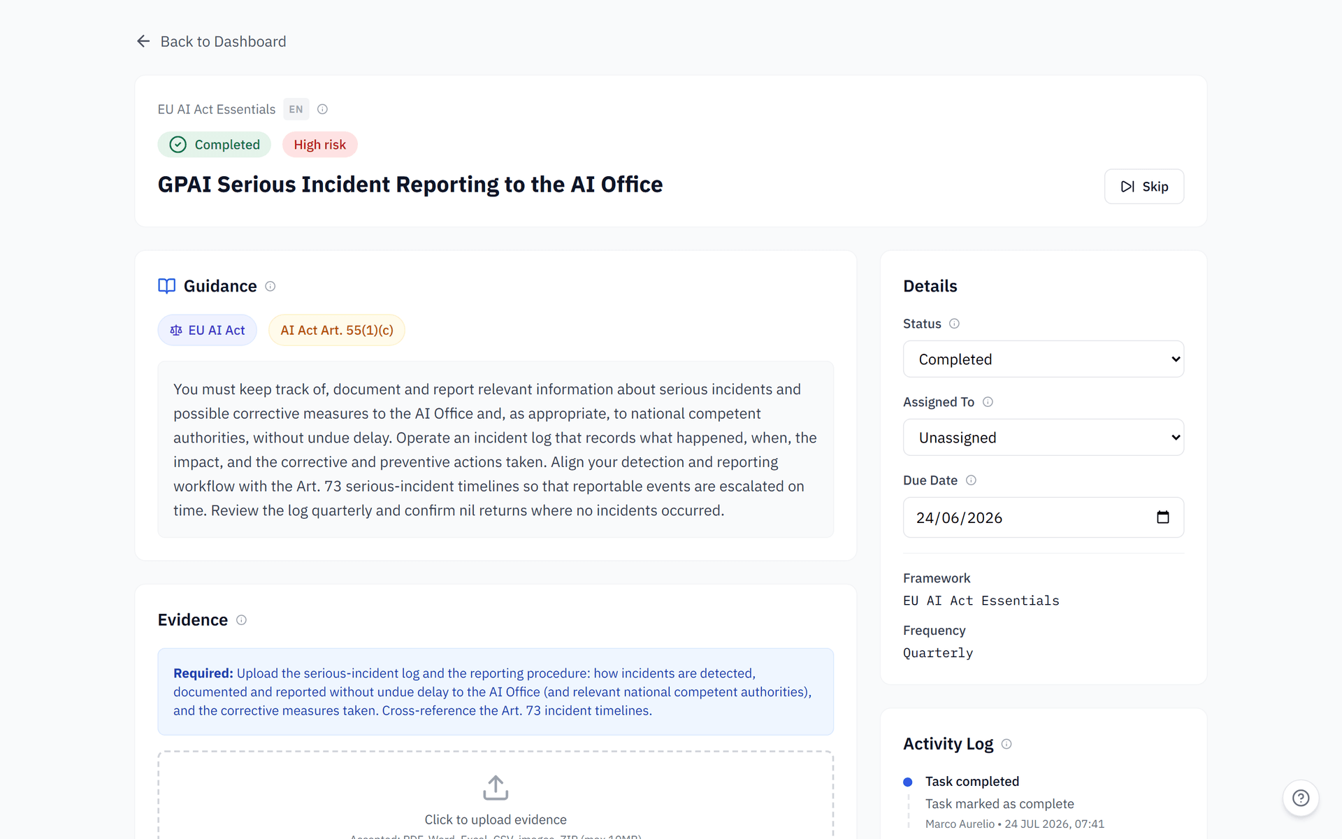 ObligoBoard obligation detail page with guidance, evidence upload and a status, assignee and due-date panel plus activity log
