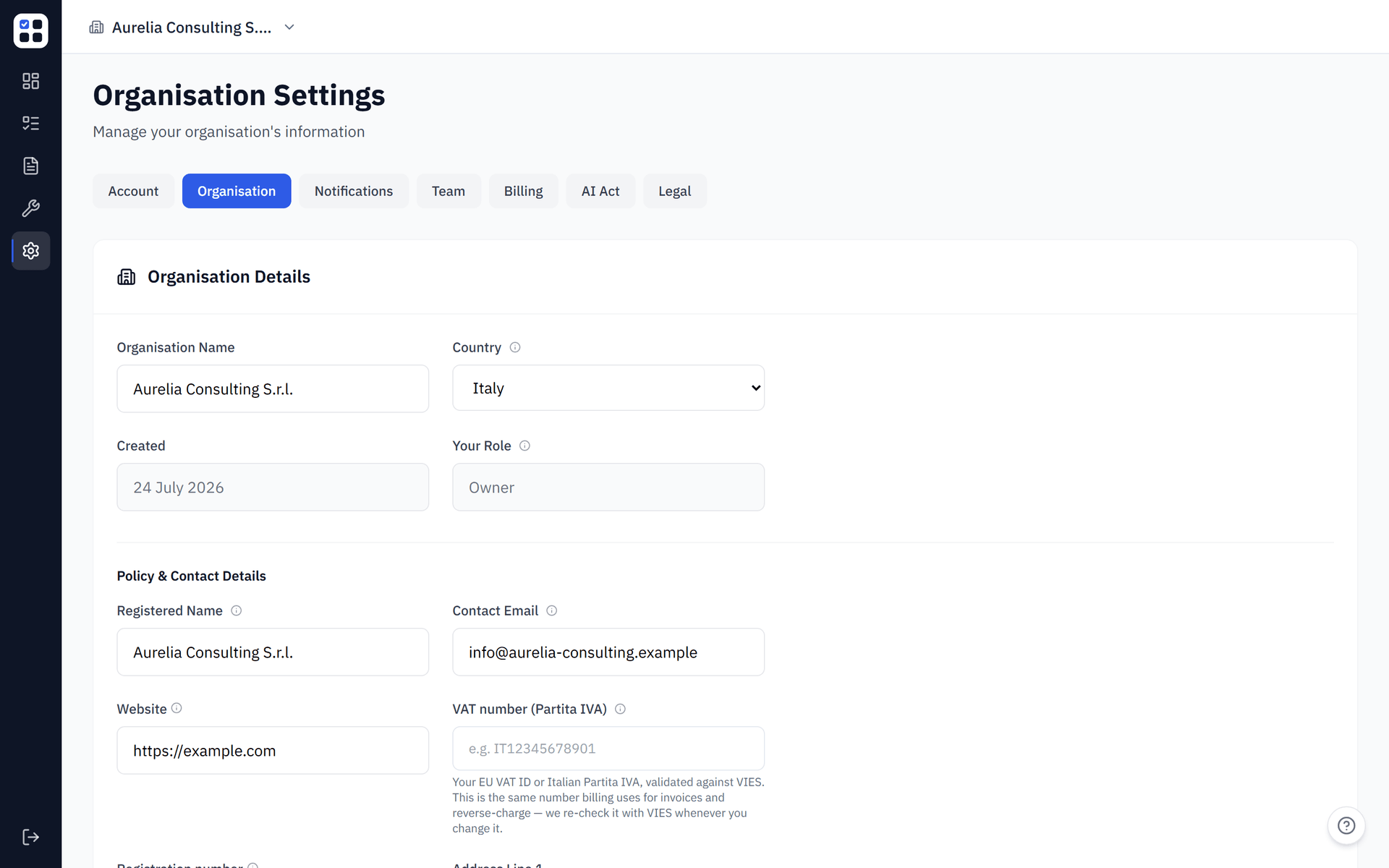 ObligoBoard Organisation profile settings, the single source of truth that feeds the Privacy and Cookie policy generators