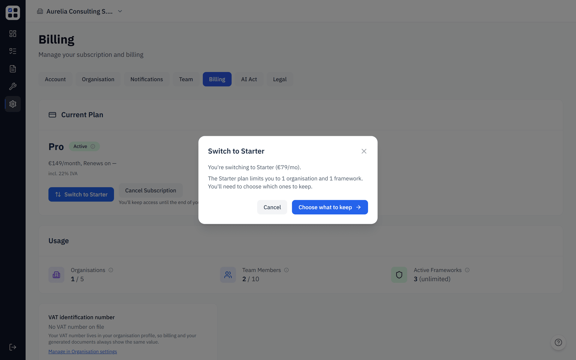 ObligoBoard's Switch to Starter confirmation dialog, warning that the Starter plan limits you to one organisation and one framework before opening the enforcement wizard
