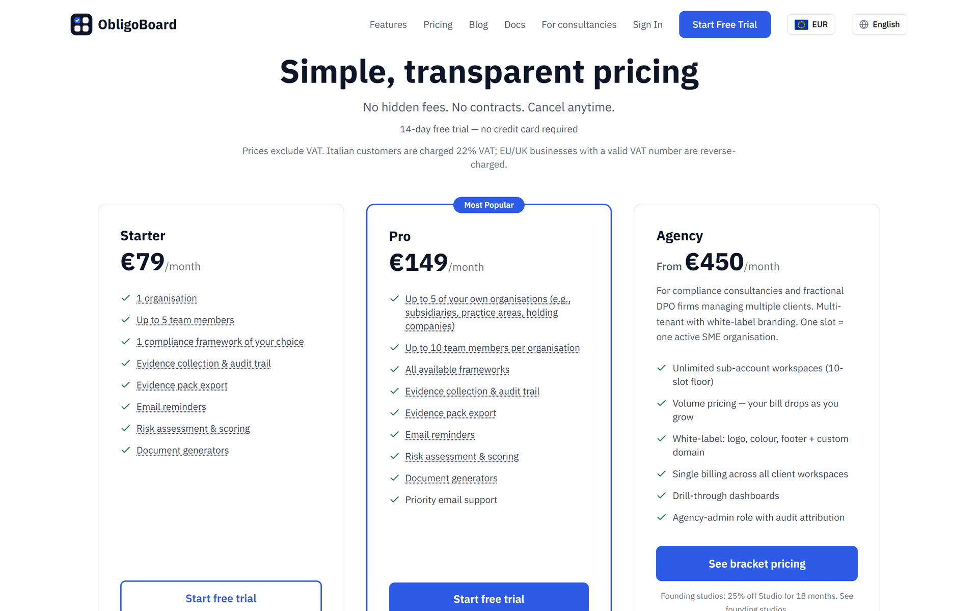 ObligoBoard public pricing page comparing the Starter, Pro and Agency subscription plans