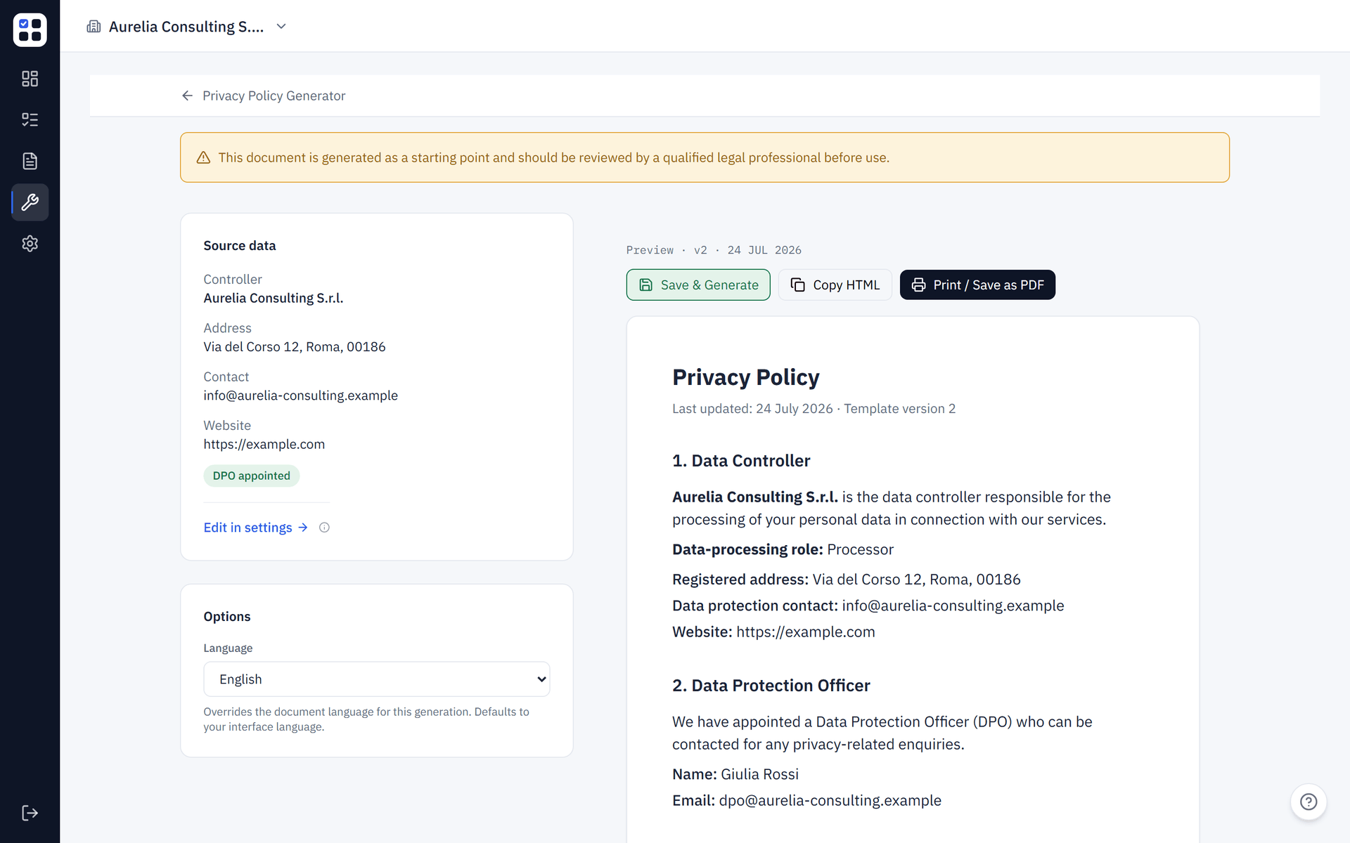 ObligoBoard Privacy Policy Generator that builds a tailored privacy policy from your organisation profile