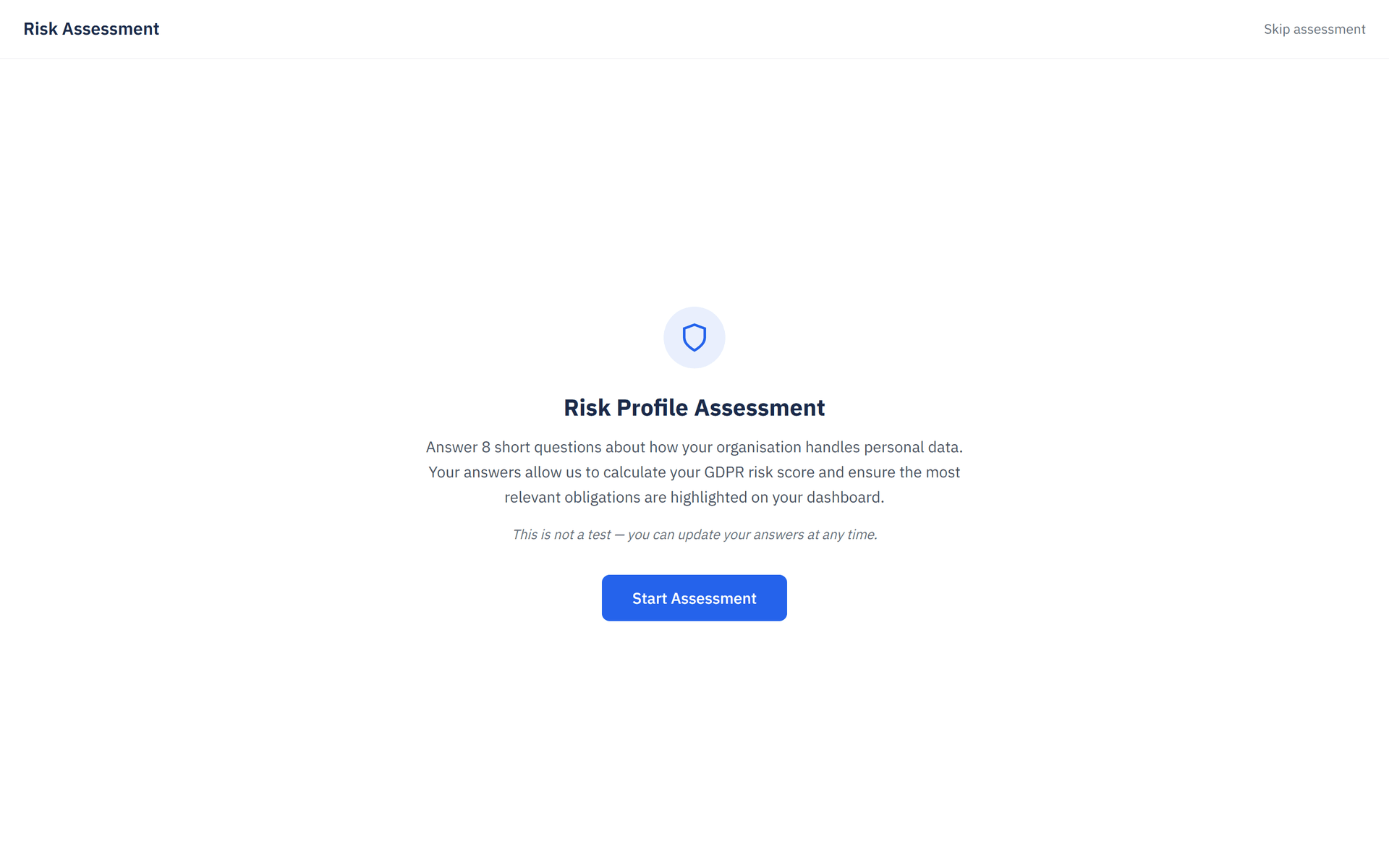 ObligoBoard Risk Profile Assessment intro screen, an 8-question wizard that calculates your GDPR risk score