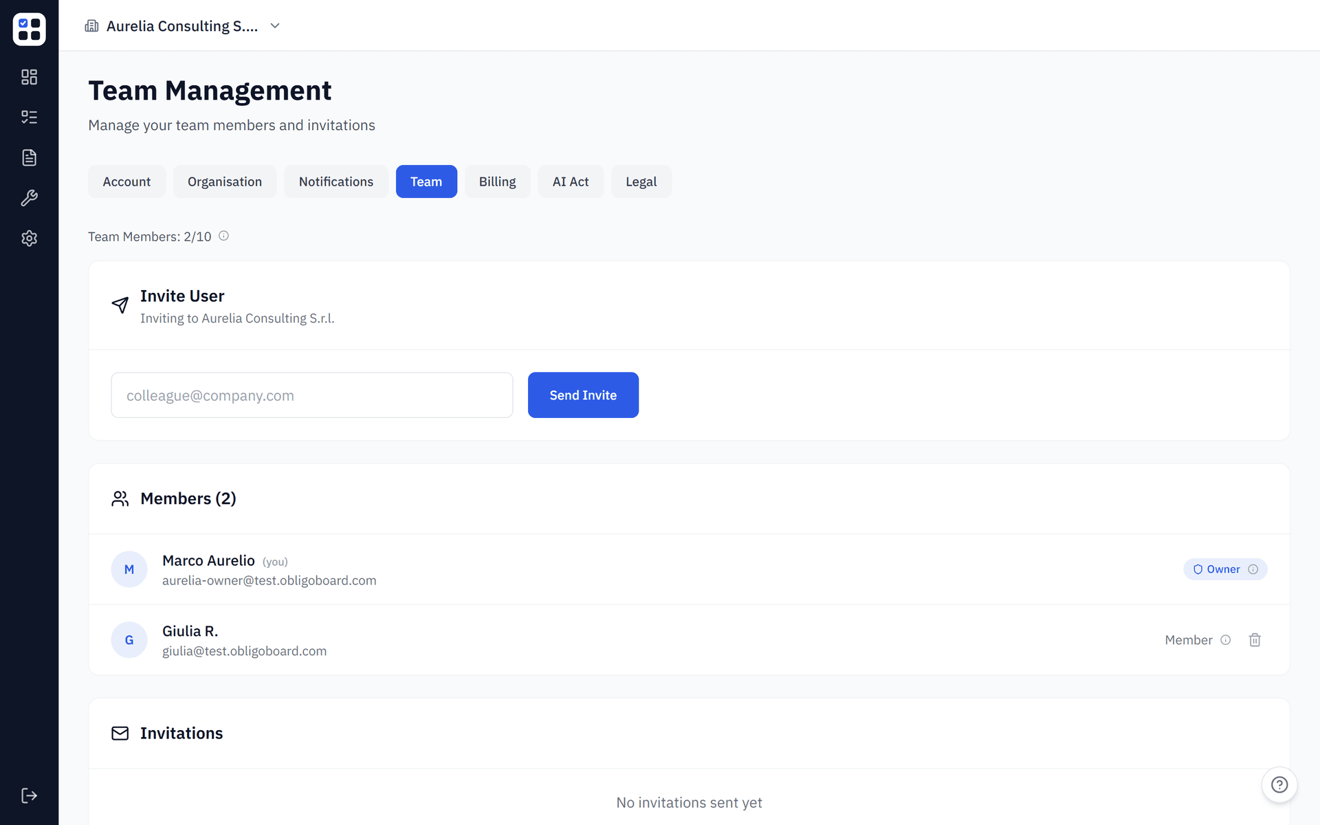 ObligoBoard Team management settings for inviting colleagues by email and delegating obligations
